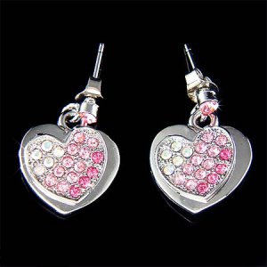 Pink Swarovski Crystal Bridal Wedding Valentine 2 Heart Earrings