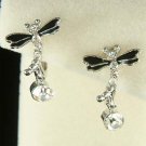 Black Enamel Swarovski Crystal Wedding Dragonfly Huggie Earrings