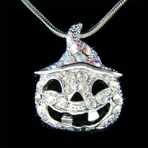 Swarovski Crystal Halloween Jack-o-Latern Pumpkin Charm Necklace