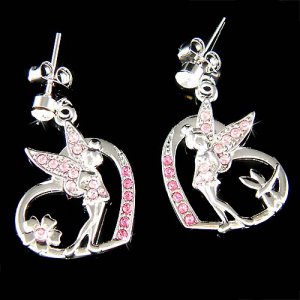 Pink Swarovski Crystal Tinkerbell in Love Heart Fairy Earrings