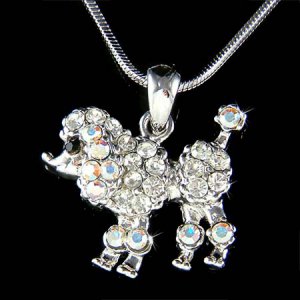 Petit White French Poodle Dog Swarovski Crystal Pendant Necklace