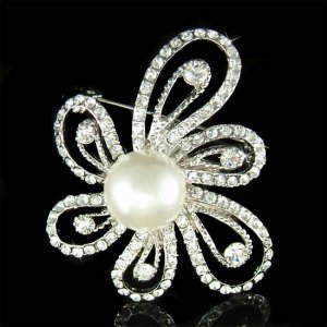 Swarovski Crystal Pearl Filigree Flower Wedding Dress Pin Brooch