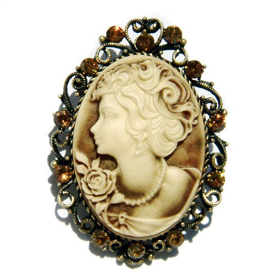 2 in 1 Antique Gold Topaz Cameo Swarovski Crystal Pendant Brooch