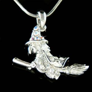 Swarovski Crystal Halloween Wicked Witch Broomstick Necklace