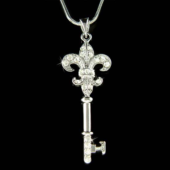 Swarovski Crystal Fleur de Lis Iris Lily Flower Key Necklace