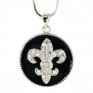 French Swarovski Crystal Black Enamel Fleur de Lis Lys Necklace