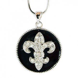 French Swarovski Crystal Black Enamel Fleur de Lis Lys Necklace