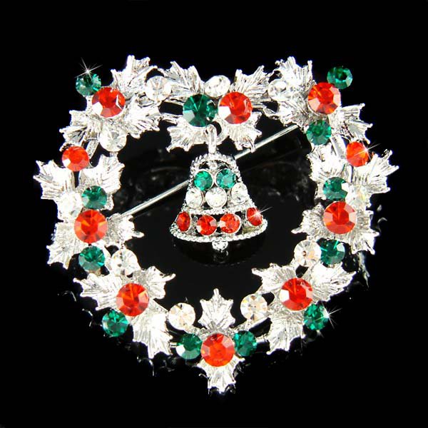 X'mas Heart Holly Wreath Jingle bell Swarovski Crystal Brooch