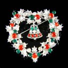 X'mas Heart Holly Wreath Jingle bell Swarovski Crystal Brooch