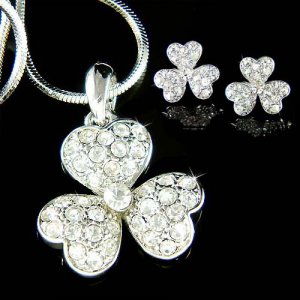 Irish Swarovski Crystal 3 Leaf Clover Shamrock Necklace Earrings