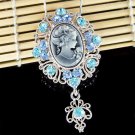 Big Blue Swarovski Crystal Victorian Cameo Pendant Necklace