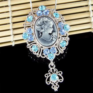 Big Blue Swarovski Crystal Victorian Cameo Pendant Necklace