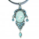 Swarovski Crystal Victorian Blue Cameo Leather Pendant Necklace