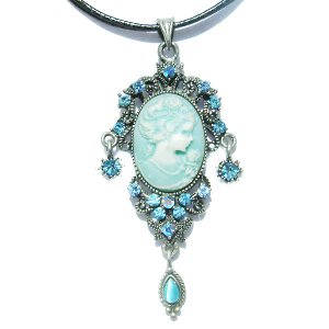 Swarovski Crystal Victorian Blue Cameo Leather Pendant Necklace