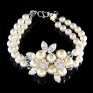 Swarovski Crystal Flower Pearl Brooch 2 Strand Row .925 Bracelet