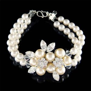 Swarovski Crystal Flower Pearl Brooch 2 Strand Row .925 Bracelet