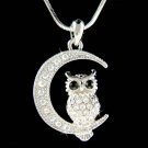 Swarovski Crystal Owl on Crescent Moon Charm Pendant Necklace