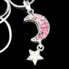 Pink Swarovski Crystal Crescent Moon Star Pendant  Necklace New