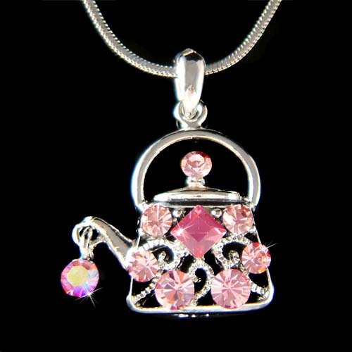 Swarovski Crystal Pink Teapot Tea Party Pendant Necklace