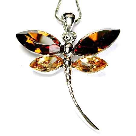 Swarovski Crystal Topaz Brown Dragonfly Pendant Necklace