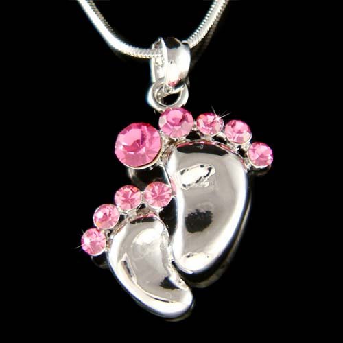 Swarovski Crystal Pink Mother Baby Feet Footprint Charm Necklace