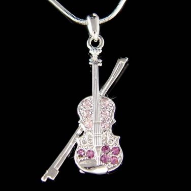 Swarovski Crystal Purple Violin Bow Fiddle Music Charm Necklace