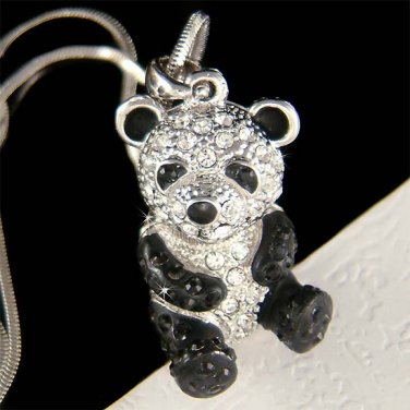 Swarovski Crystal 3D Cute Black and White Panda Bear Charm Necklace