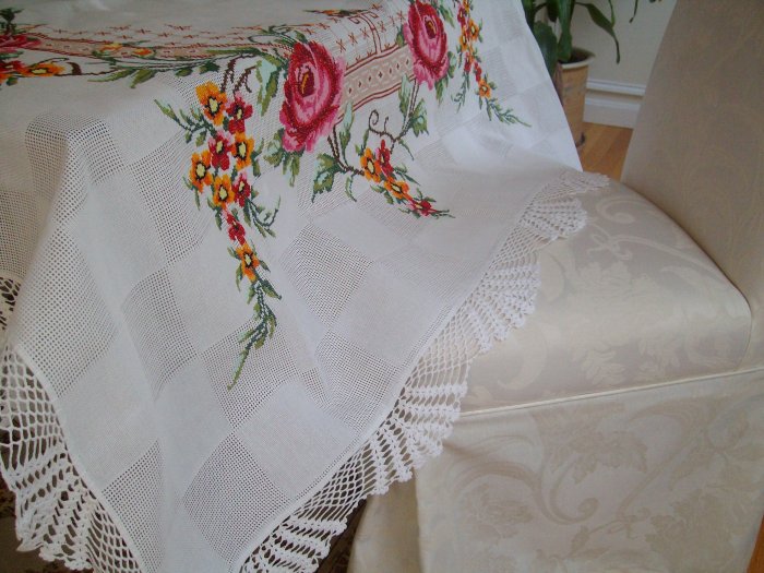 Cross Stitch Tablecloth in Colorful Floral Design