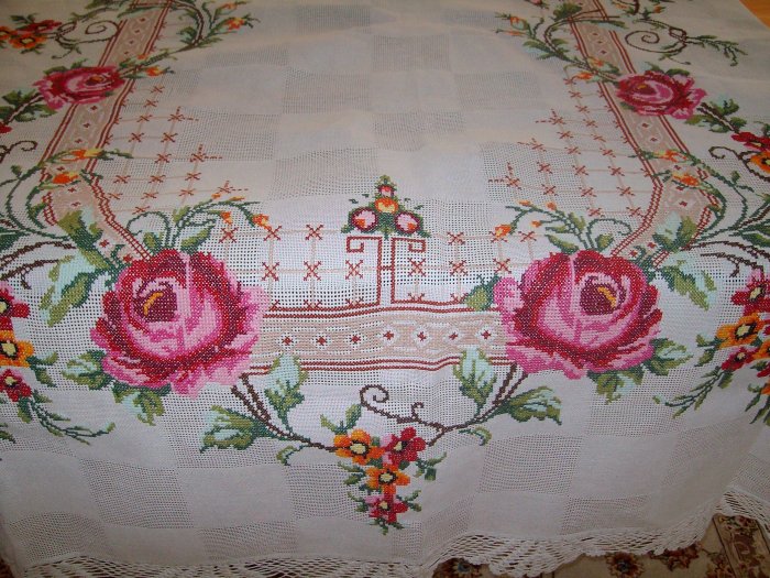 Cross Stitch Tablecloth in Colorful Floral Design