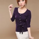 Tidy Decent Ribbon Waist Knitted Cotton Blouse - Violet