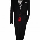 44L Mantoni 2-PC Men's Suit Solid Black Wool 2 Button Flat Front Pants Free Hem-up & Tie Size 44L