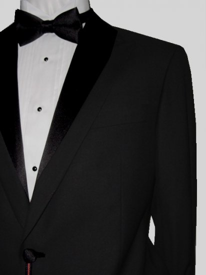 46R Marchatti 2-PC Men's TUXEDO Suit 1 Button Solid Black Flat Front Pants FREE Bow Tie Size 46R