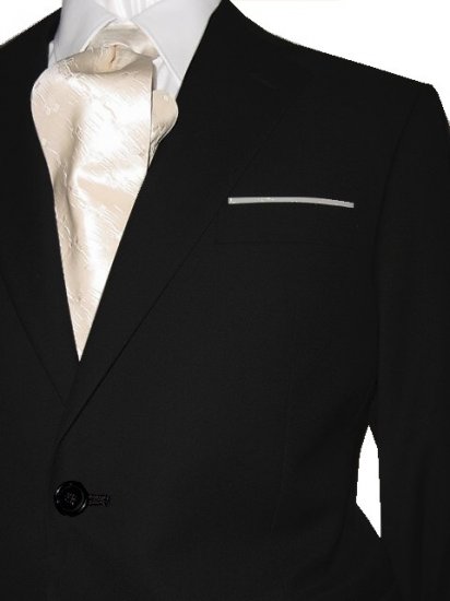 36XS Marchatti 2-PC Men's Suit 2 Button Solid Black Flat Front Pants FREE Neck Tie Size 36XS