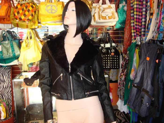 Black Faux Leather Motorcycle Jacket with Fur Trim Size Small 2-4