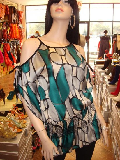 Teal and Gray Multi Kimono Sleeve Top S