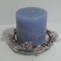 Blue Candle with Candleholder Glass Plate & Decorative Beaded Trim, 3 pc