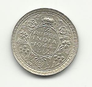 1944 #2  UNC  Silver 1/4 Rupee from India.