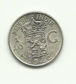 1942-S #1  Gem BU  Silver 1/10 Gulder  from Dutch East Indies, Netherlands.
