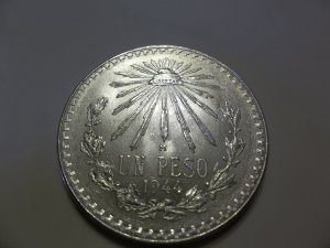 1944 #3 Unc.  Mexican Un Peso Silver Dollar