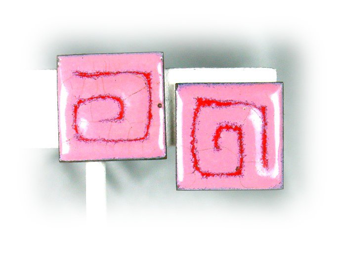Groovy Vintage Pink & Fuschia Square Spirals Enameled Copper Earrings