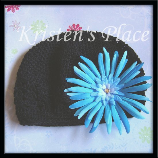 Black Crochet Hat - Toddler to Pre-teen size- Kufi Cap - with Blue, Pink, or Purple Flower