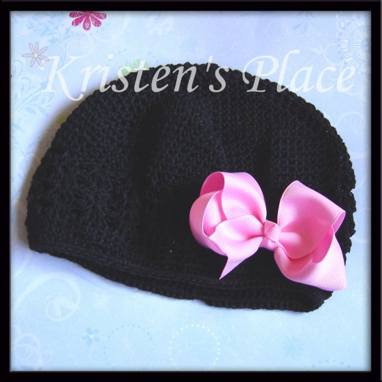 Black Crochet Hat - Toddler to Pre-teen size- Kufi Cap - with Red, White, and Pink Boutique Bows