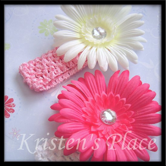 Pretty in Pink - 2 Flowers and 2 Headbands - Pink and White - Headband Flower Set