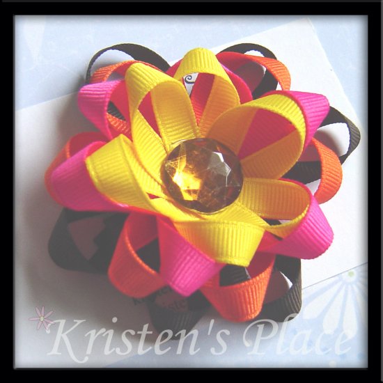 4 Layer Ribbon Flower - Boutique Flower Hair Bow - Brown, Pink, Orange, Yellow