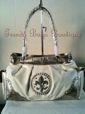 Cream Pewter Fleur De Lis Rhinestone Bling Satchel Shoulder Tote Cream Pewter Fleur De Lis Rhinestone Bling Satchel Shoulder Tote Handbag Purse