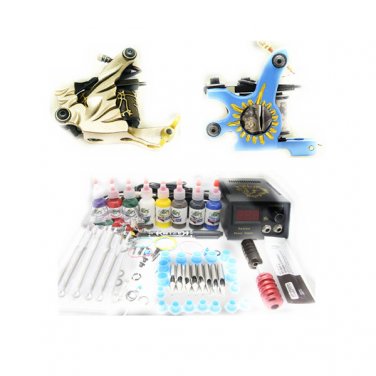 Starter 2 Tattoo Machine Guns 8 Inks Grips Needles Power Kit Equipment Supplies(WS-K254-1LO)