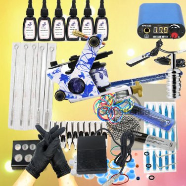 Professional Tattoo 1 Machine Gun Power Supplies Inks Needles Kit(GBL-WS-K103+WS-M138+WS-I002B*6(G))