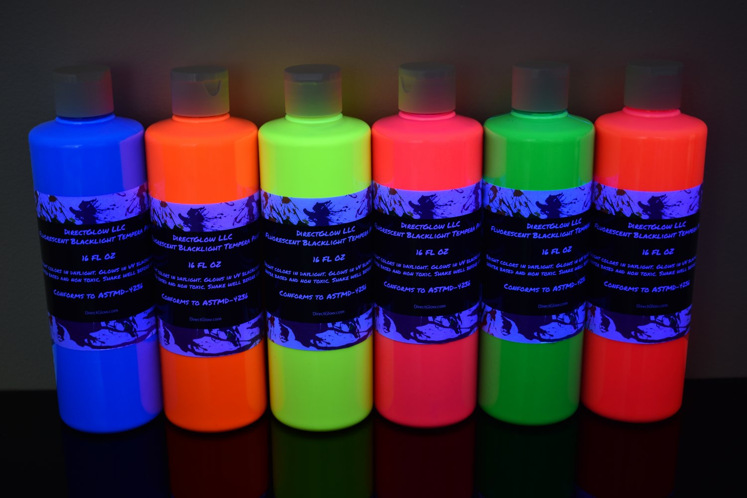 DirectGlow 6 Pack 16oz Assorted Blacklight Reactive Fluorescent Tempera Paint