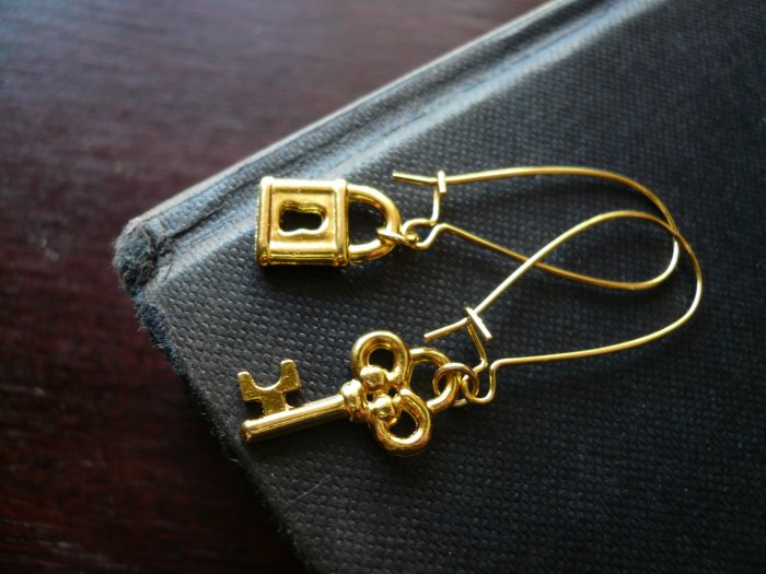 Gold Lock and Key Earrings