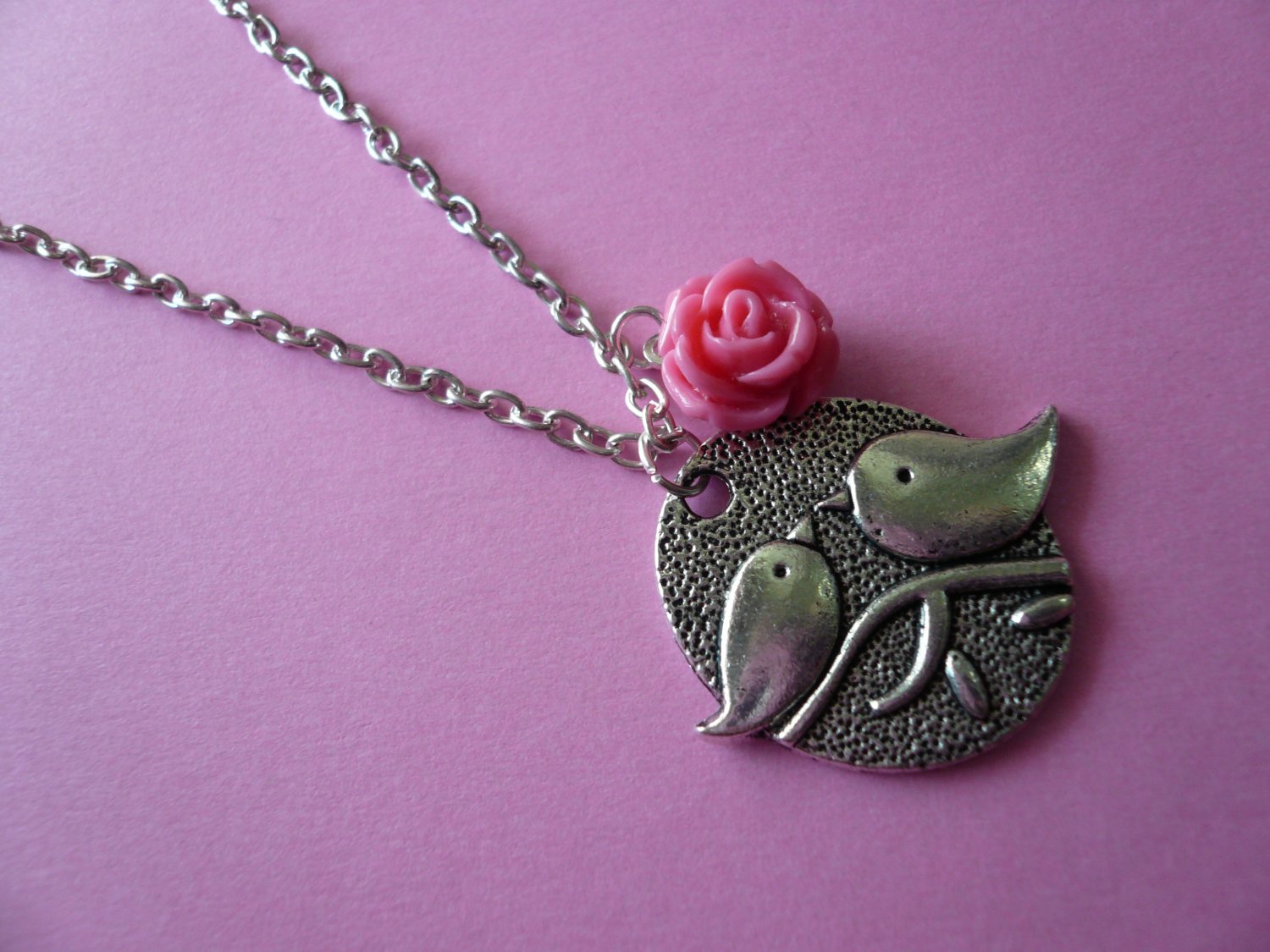 Chickadee Bird & Pink Rose Necklace